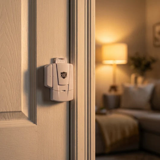 A Streetwise magnetic contact alarm mounted on a door frame in a home